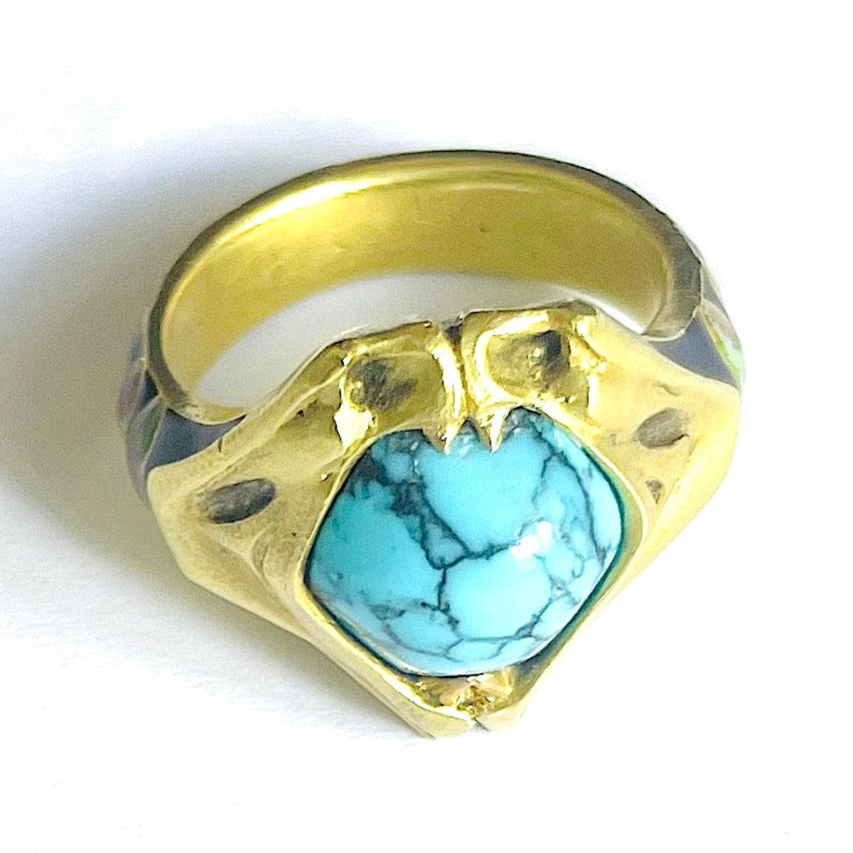 Lucien Galliard Art Nouveau 18KT Yellow Gold Turquoise & Enamel Snake Ring front top