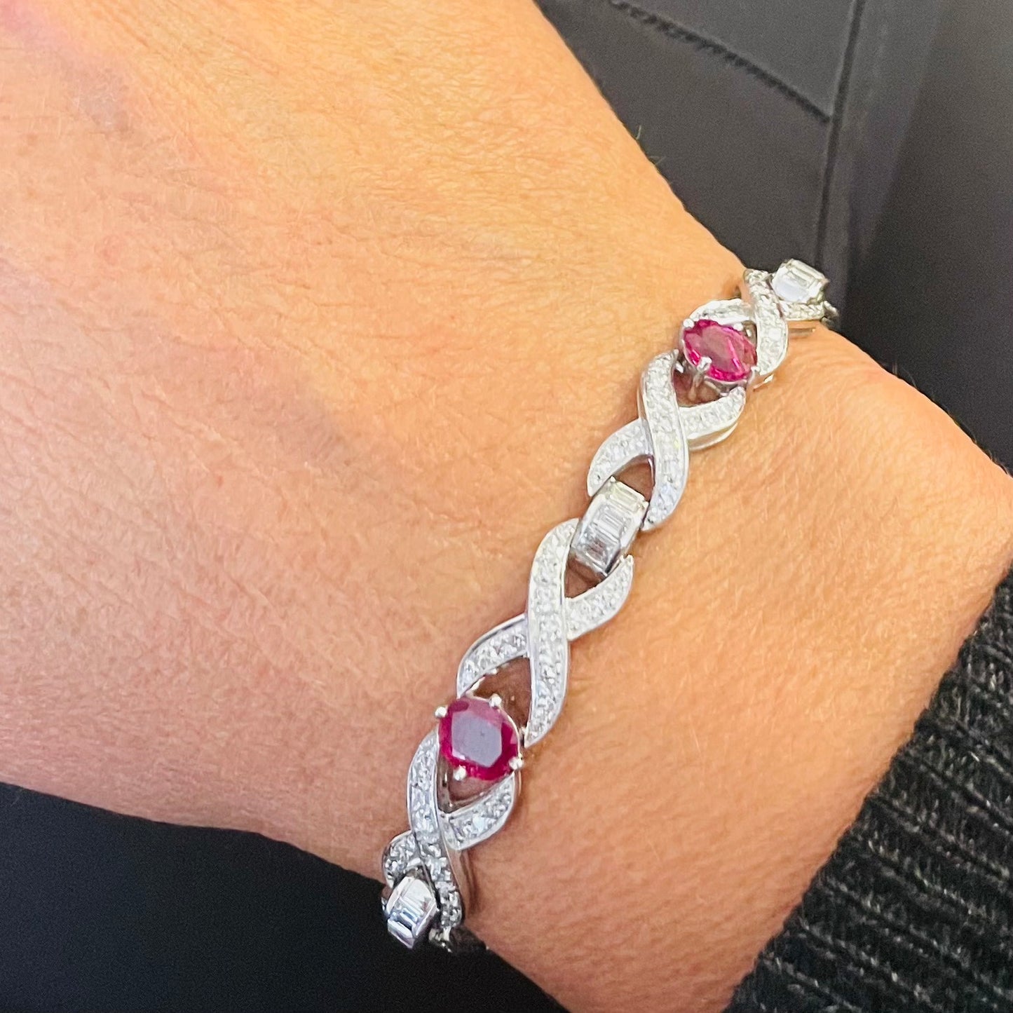 Koch 1950s Platinum Diamond & Ruby Bracelet on wrist