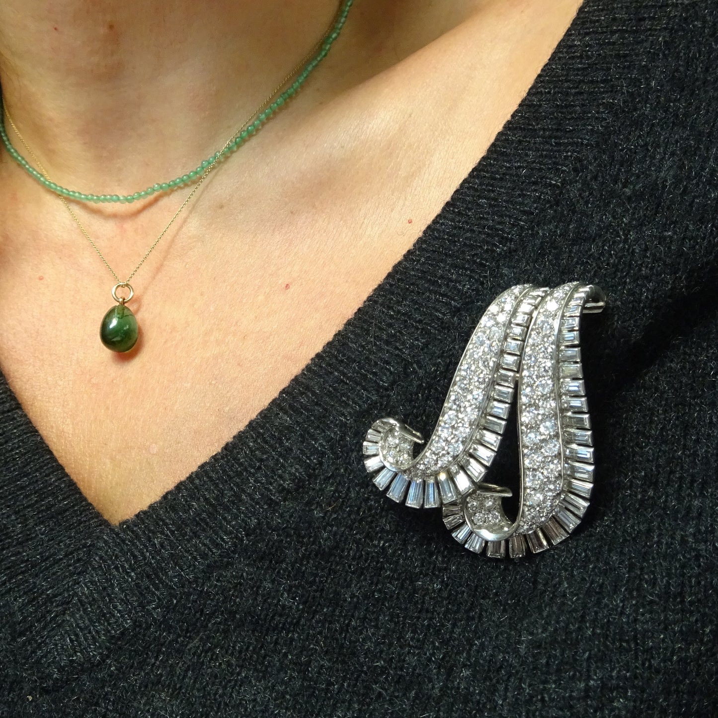 Ghiso 1940s Platinum Diamond Brooch on blouse