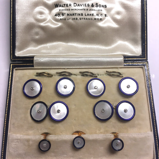 1930s 18KT Yellow Gold Enamel, Diamond & Mother of Pearl Dress Set in jewelry box