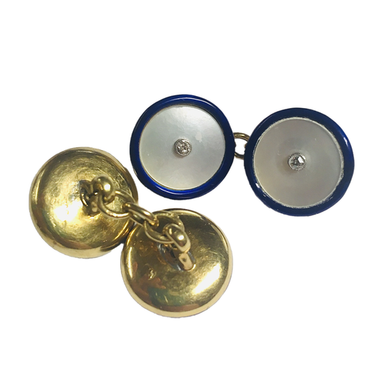 1930s 18KT Yellow Gold Enamel, Diamond & Mother of Pearl Dress Set front and back
