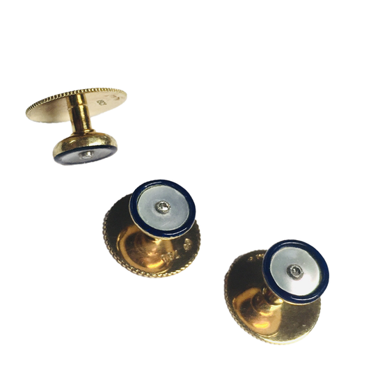 1930s 18KT Yellow Gold Enamel, Diamond & Mother of Pearl Dress Set back