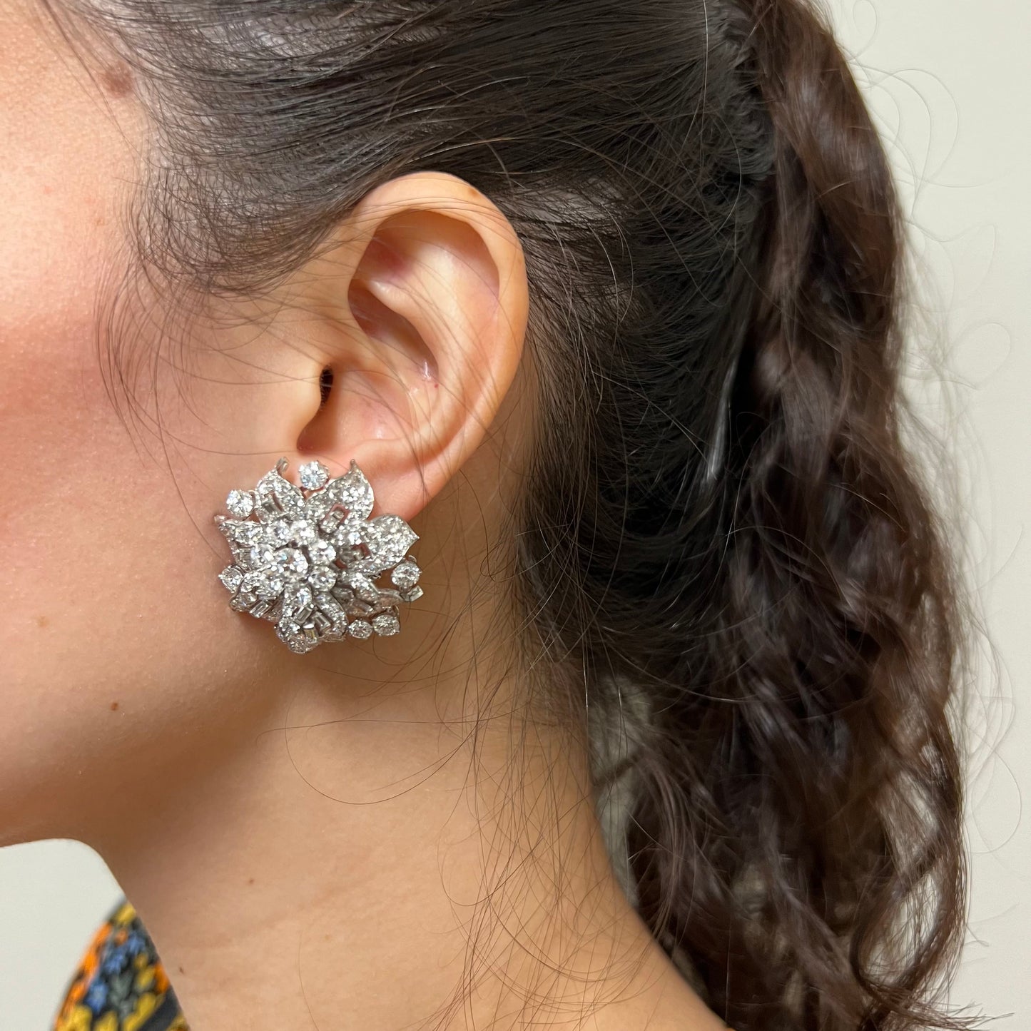 Bulgari 1960s Platinum Diamond Earrings worn on ear