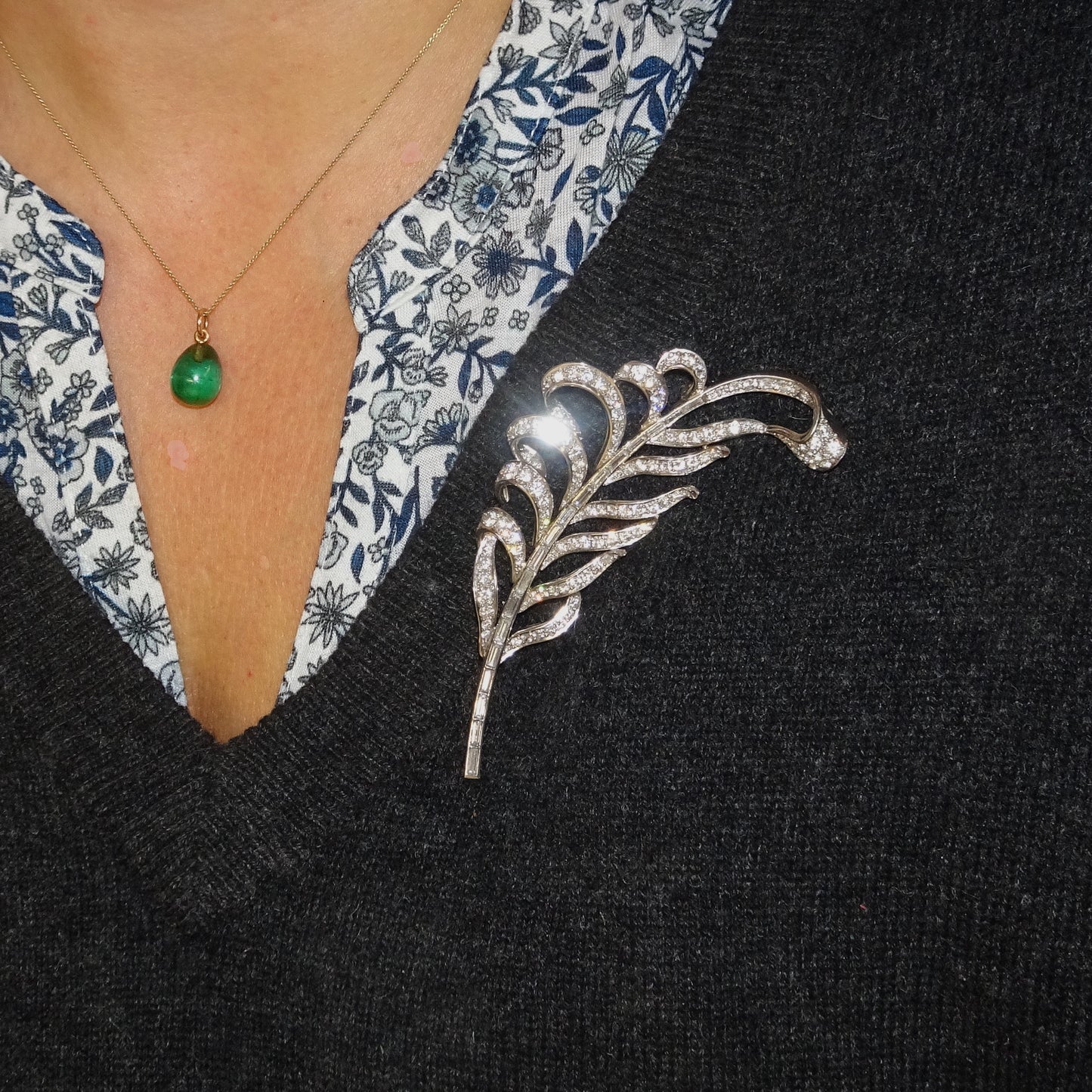 1940s Platinum Diamond Feather Brooch worn on blouse