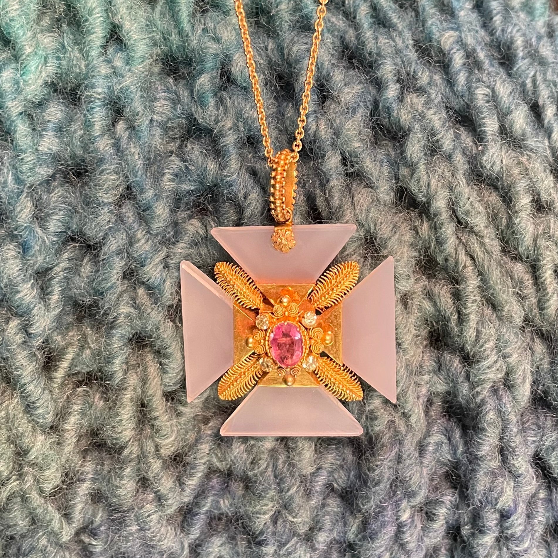 Victorian 18KT Yellow Gold Agate Topaz Maltese Cross Pendant