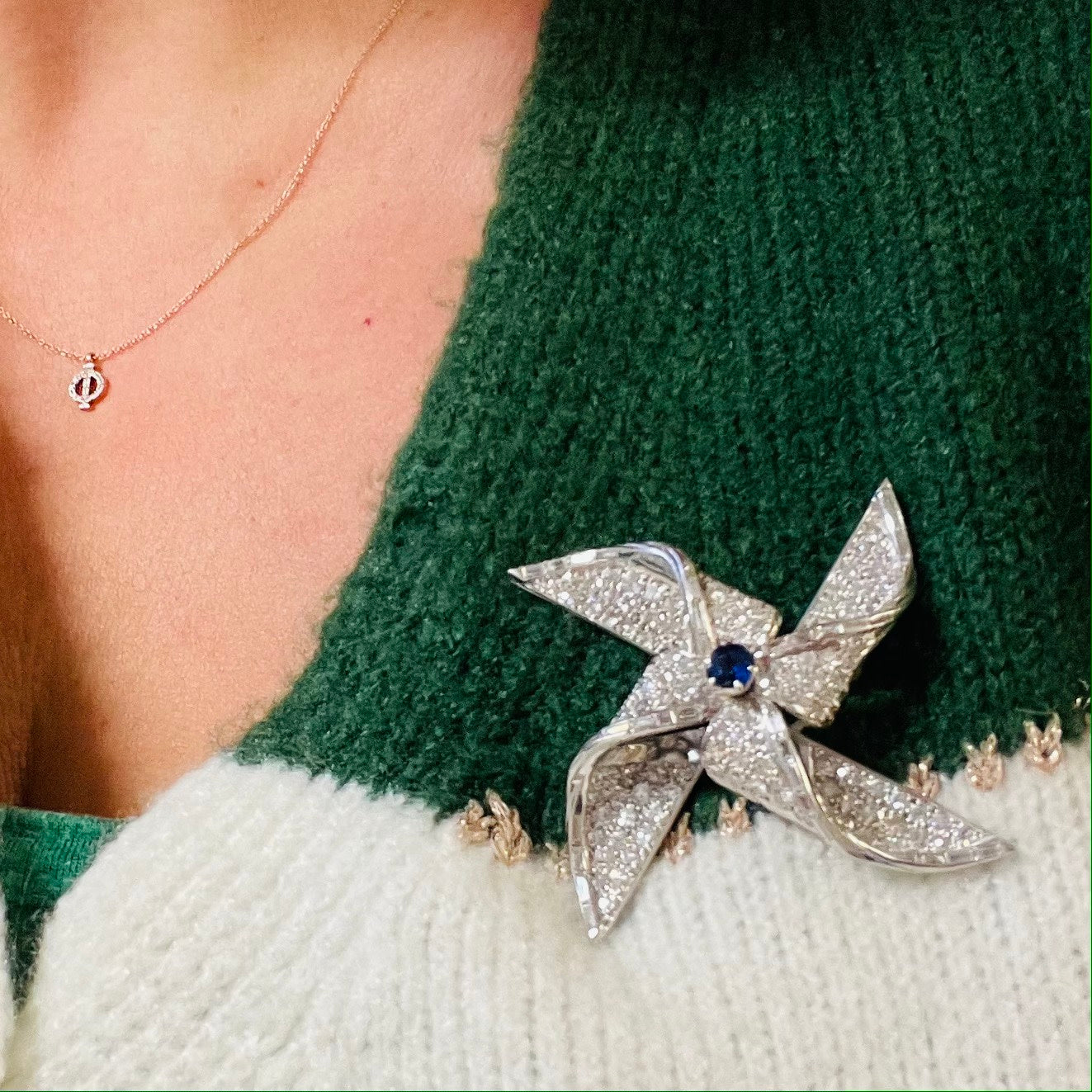 1960s Platinum Diamond & Sapphire Brooch worn on blouse