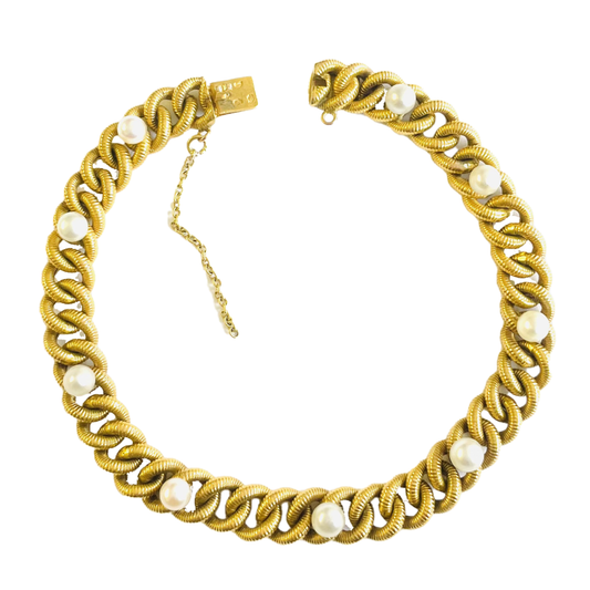 French 1930s 18KT Yellow Gold Natural Pearl Bracelet front