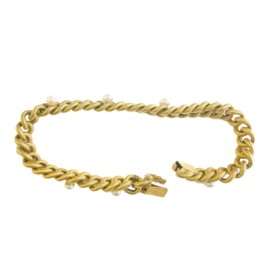 French 1930s 18KT Yellow Gold Natural Pearl Bracelet side