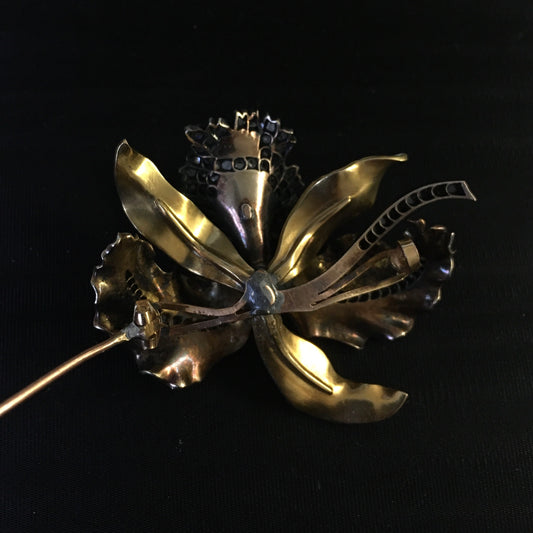 Art Nouveau 18KT Yellow Gold Enamel & Diamond Orchid Brooch back