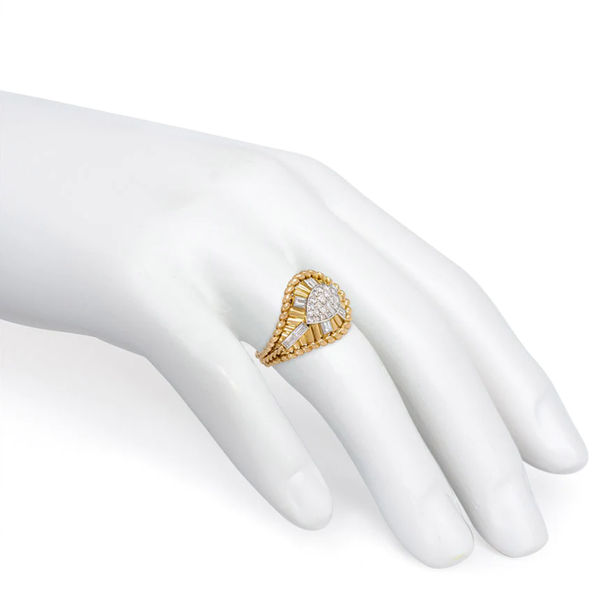 1950s Platinum & 18KT Yellow Gold Diamond Teardrop Ring on finger