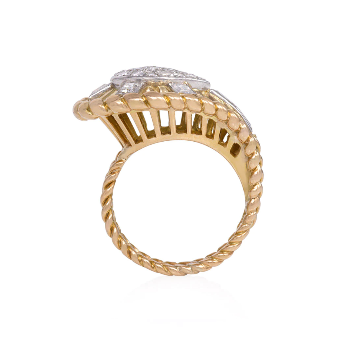 1950s Platinum & 18KT Yellow Gold Diamond Teardrop Ring profile