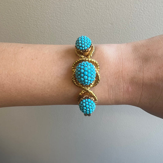 Antique 18KT Yellow Gold Turquoise Bracelet on wrist