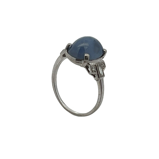 Art Deco Platinum Blue Star Sapphire & Diamond Ring front side