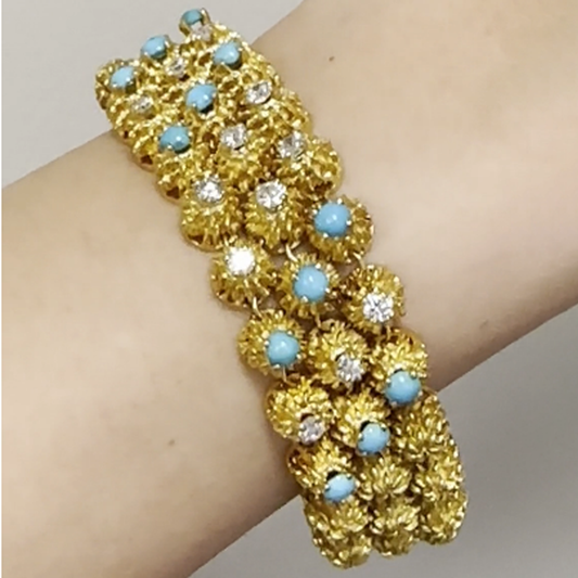 1970s French 18KT Yellow Gold Diamond & Turquoise Bracelet on wrist