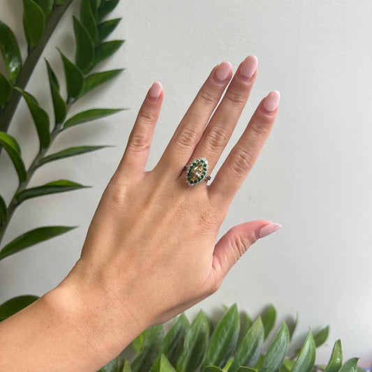 Post-1980s Platinum Fancy Brown Yellow Diamond & Emerald Ring on hand