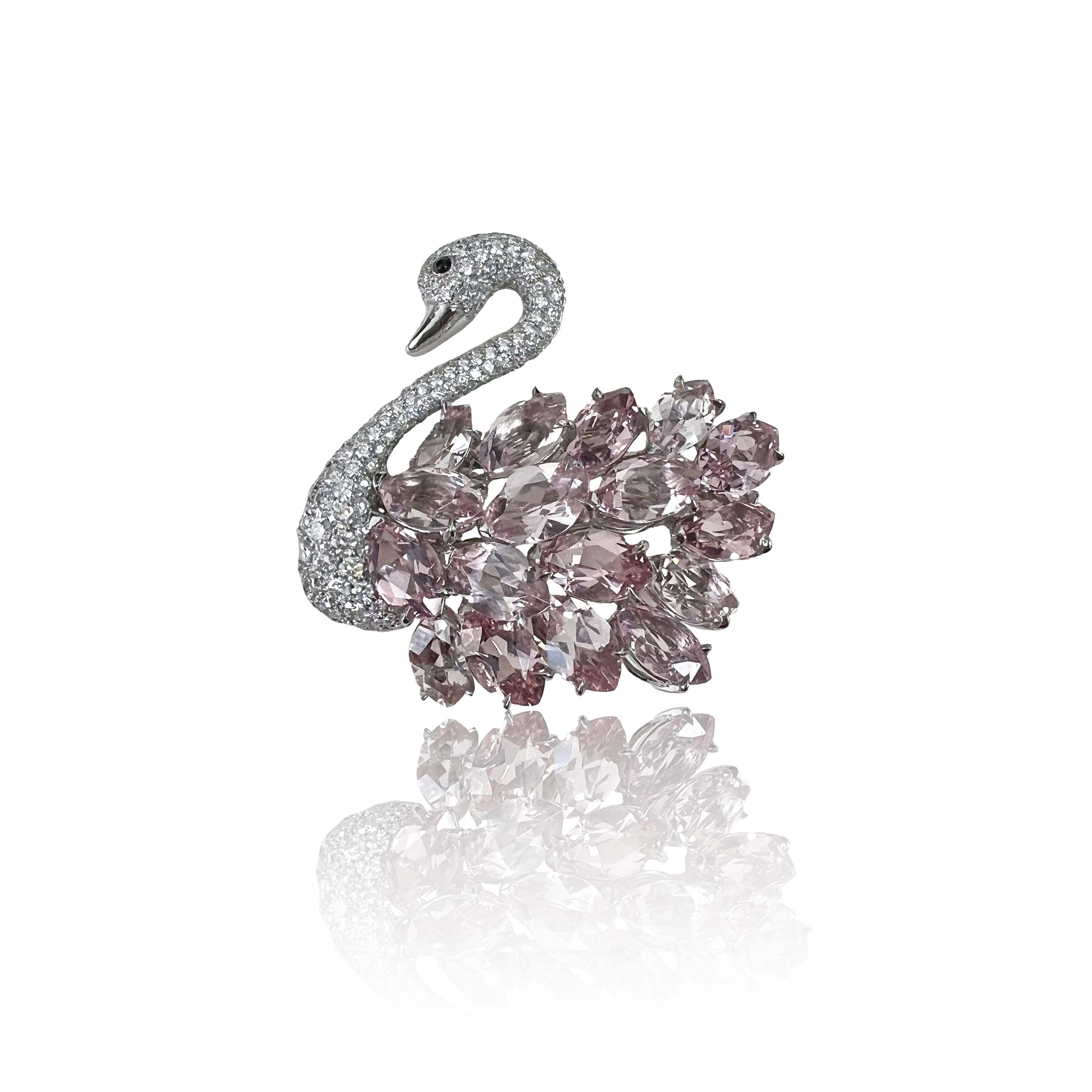 Post-1980s Platinum Morganite & Diamond Swan Brooch