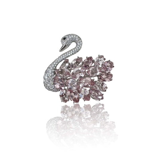 Post-1980s Platinum Morganite & Diamond Swan Brooch front