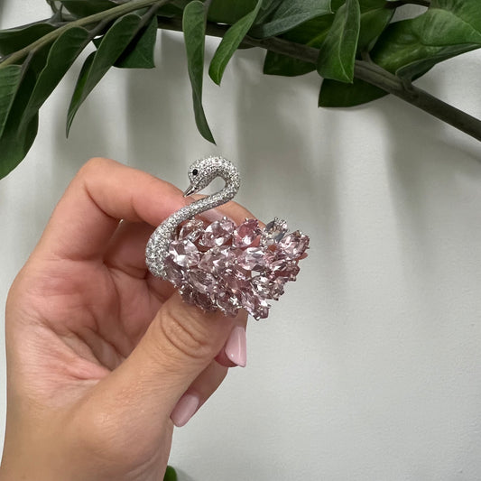 Post-1980s Platinum Morganite & Diamond Swan Brooch front in hand