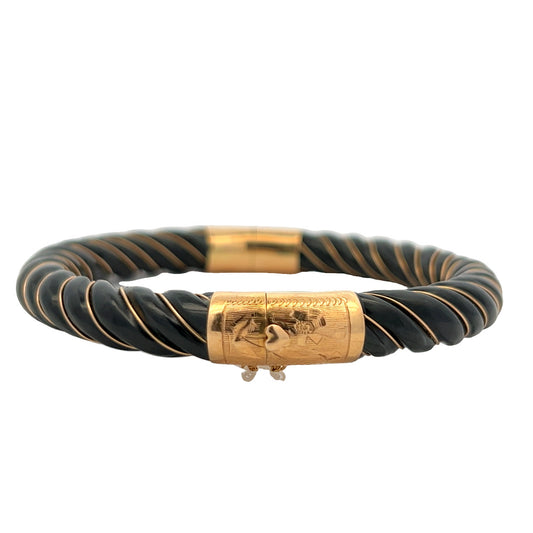 1970s 18KT Yellow Gold Jade Bangle Bracelet front
