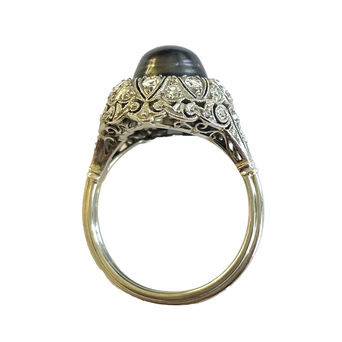 Edwardian Platinum Natural Dark Gray Pearl & Diamond Ring profile
