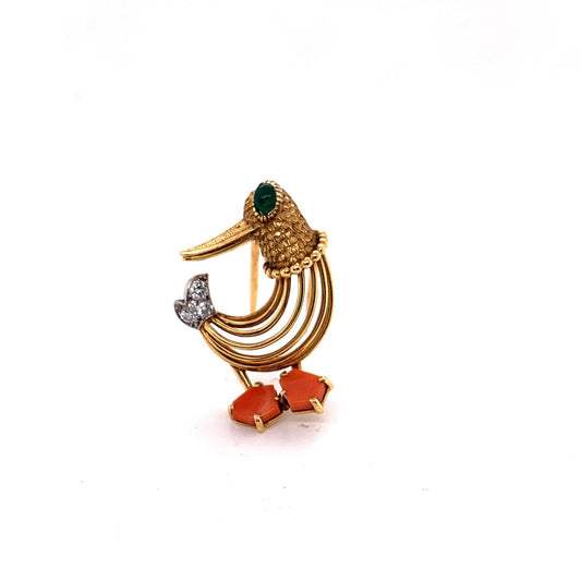 Cartier Paris 1960s 18KT Yellow Gold Coral & Diamond Duck Brooch front