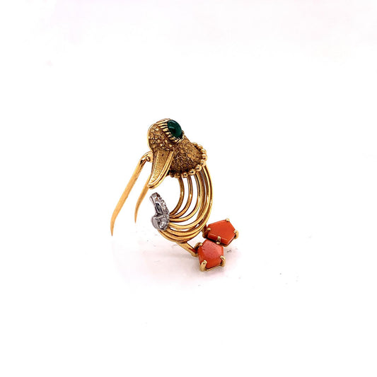 Cartier Paris 1960s 18KT Yellow Gold Coral & Diamond Duck Brooch side