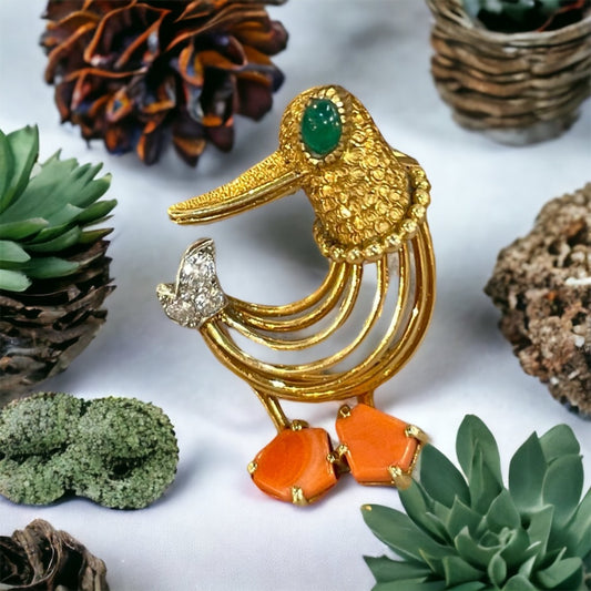 Cartier Paris 1960s 18KT Yellow Gold Coral & Diamond Duck Brooch front