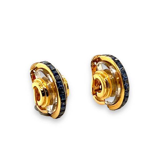 Lacloche Freres 1930s 18KT Yellow Gold Sapphire & Rock Crystal Earrings front and side