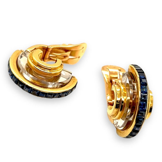 Lacloche Freres 1930s 18KT Yellow Gold Sapphire & Rock Crystal Earrings side and front