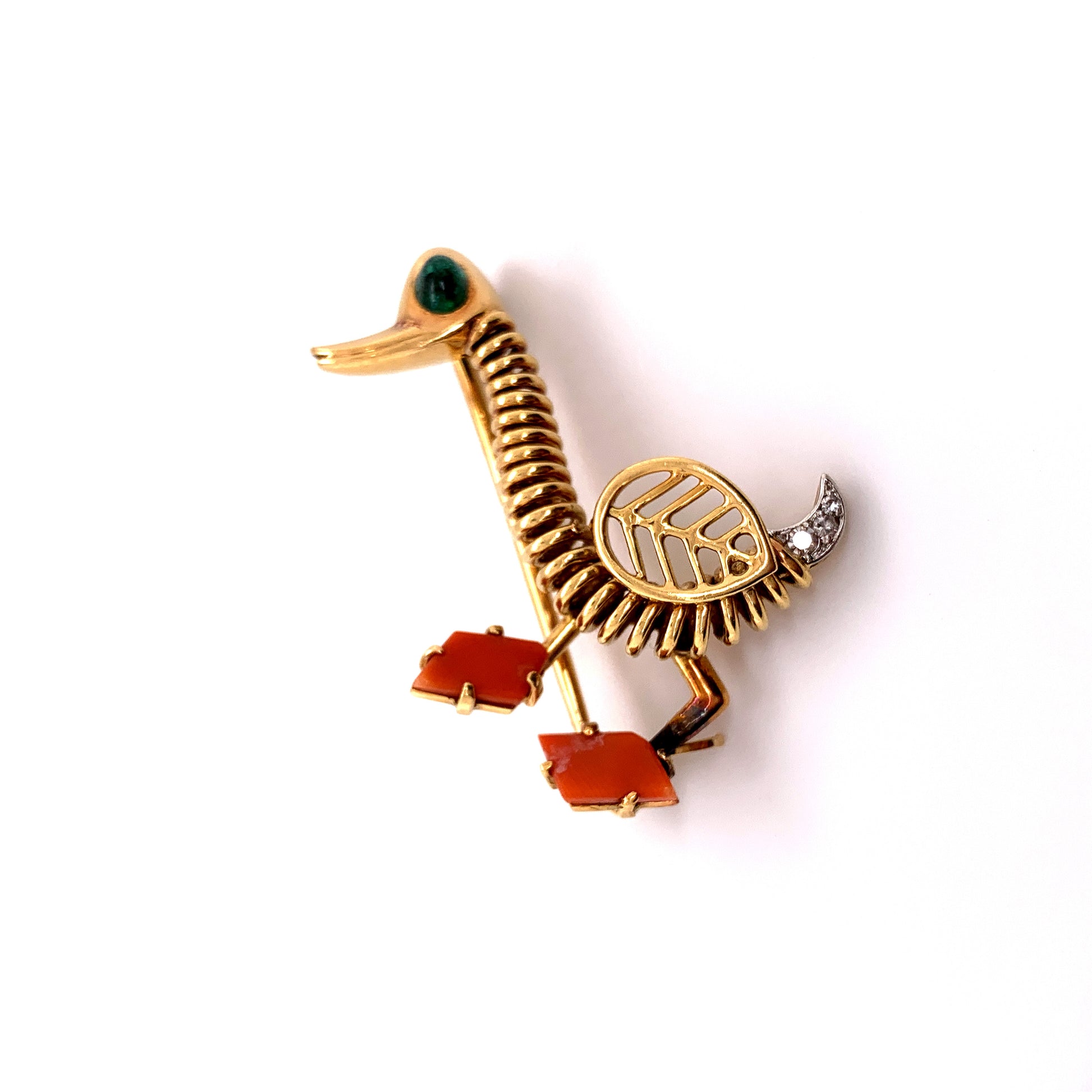 Cartier Paris 1960s 18KT Yellow Gold Coral & Emerald Duck Brooch front