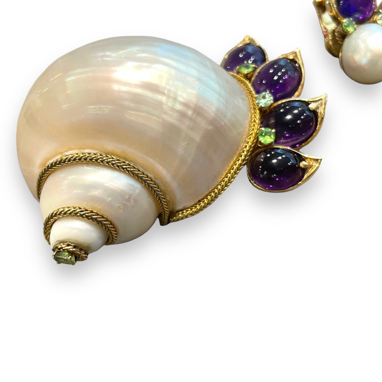 Marchak Paris 1950s 18KT Yellow Gold Amethyst, Mother of Pearl, Cultured Pearl & Peridot Seashell Set brooch