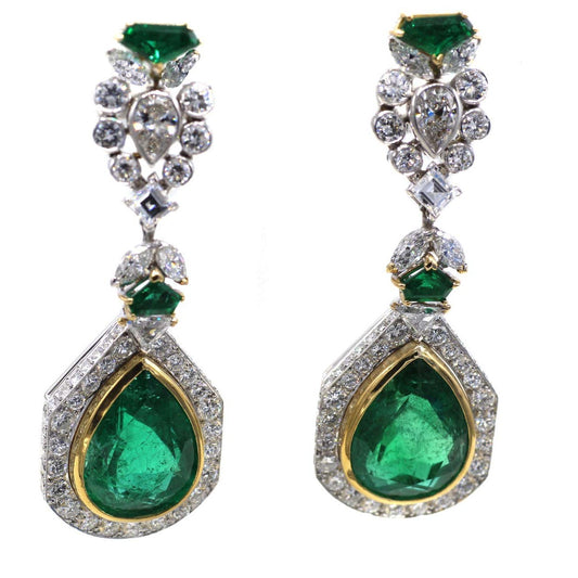 French 1980s Platinum & 18KT Yellow Gold Zambian Emerald & Diamond Earrings front