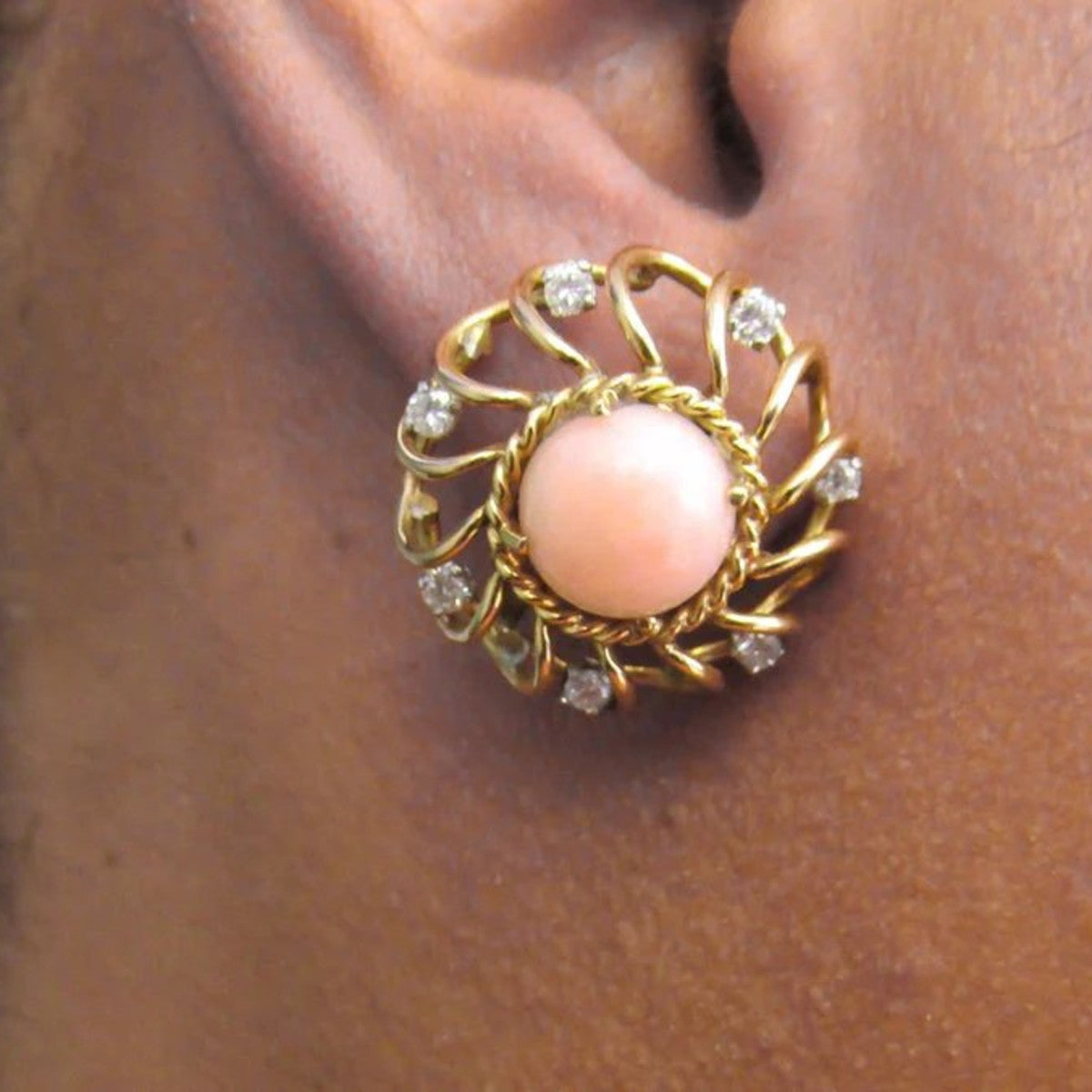 Retro 18KT Yellow Gold Coral & Diamond Earrings worn on ear