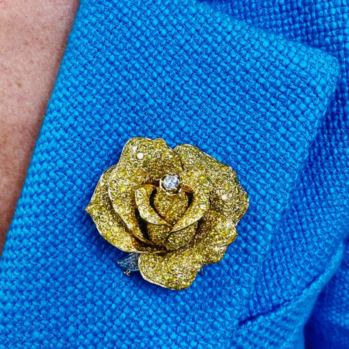 Sabbadini Post-1980s 18KT Yellow Gold Yellow Diamond Rose Brooch worn on blouse