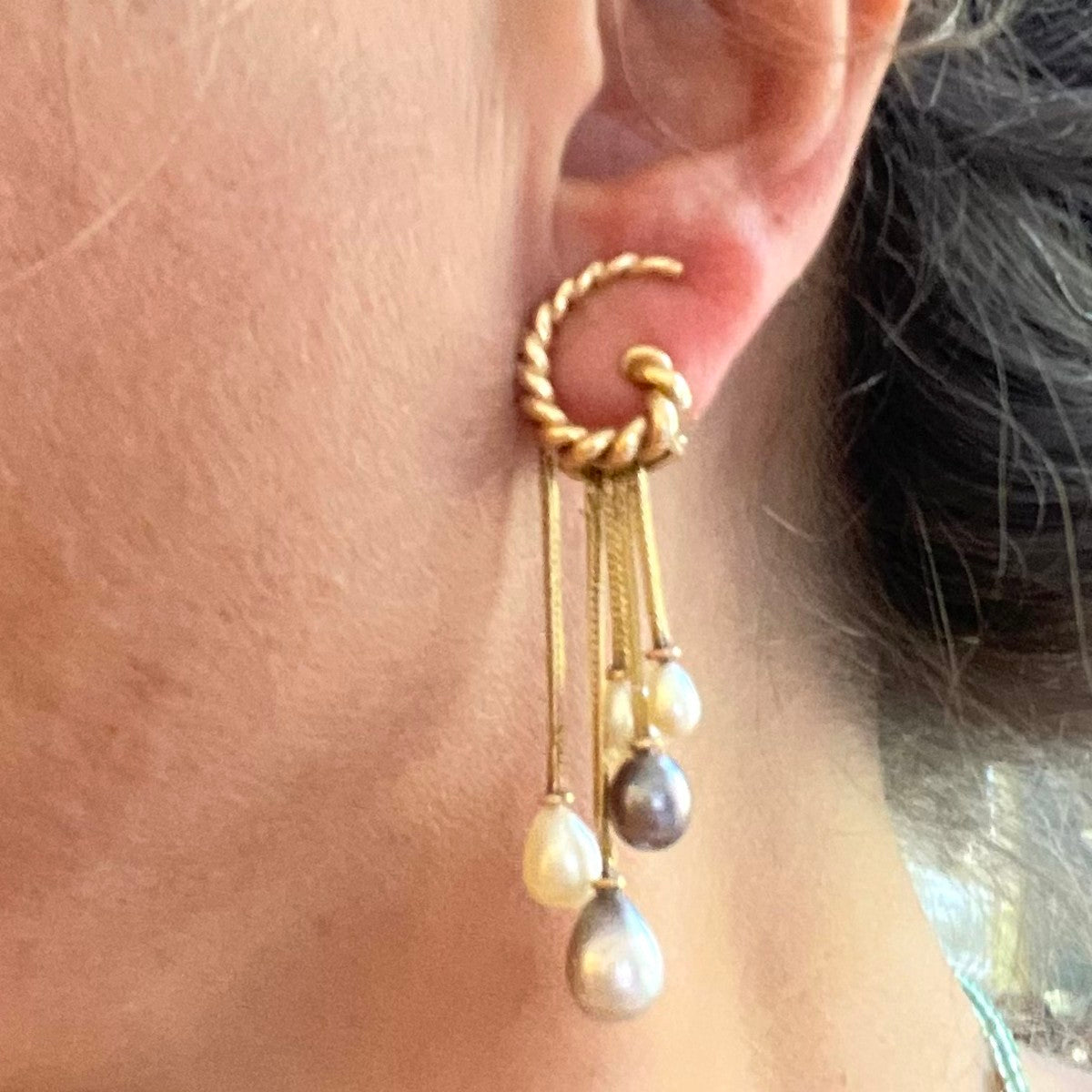 1970s 18KT Yellow Gold Natural Pearl Earrings worn on ear