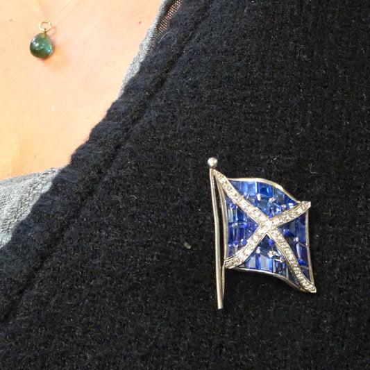 Art Deco Platinum Sapphire & Diamond Flag of Scotland Brooch worn on blouse