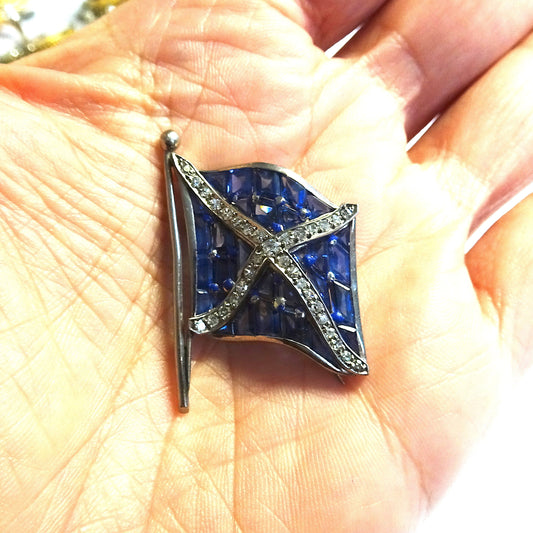 Art Deco Platinum Sapphire & Diamond Flag of Scotland Brooch in hand