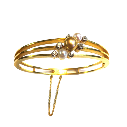 Bapst & Falize Paris Antique 18KT Yellow Gold Natural Pearl Bangle Bracelet front
