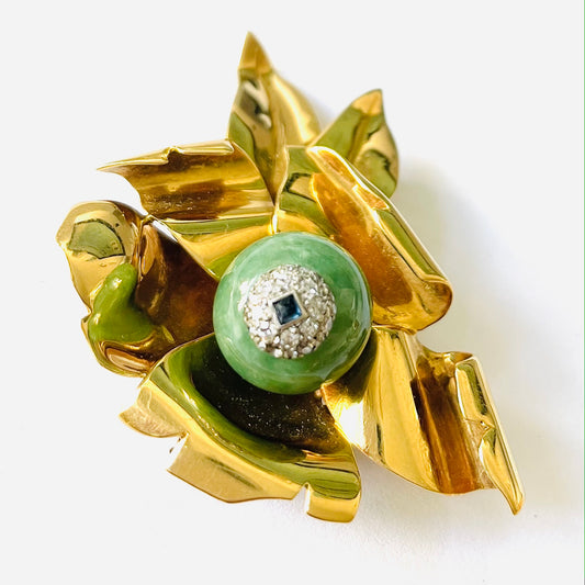 1950s 18KT Yellow Gold Aventurine, Diamond, Sapphire Set front