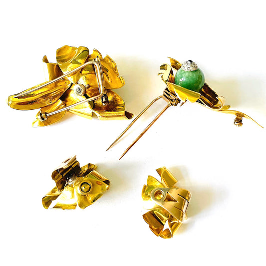 1950s 18KT Yellow Gold Aventurine, Diamond, Sapphire Set back and side