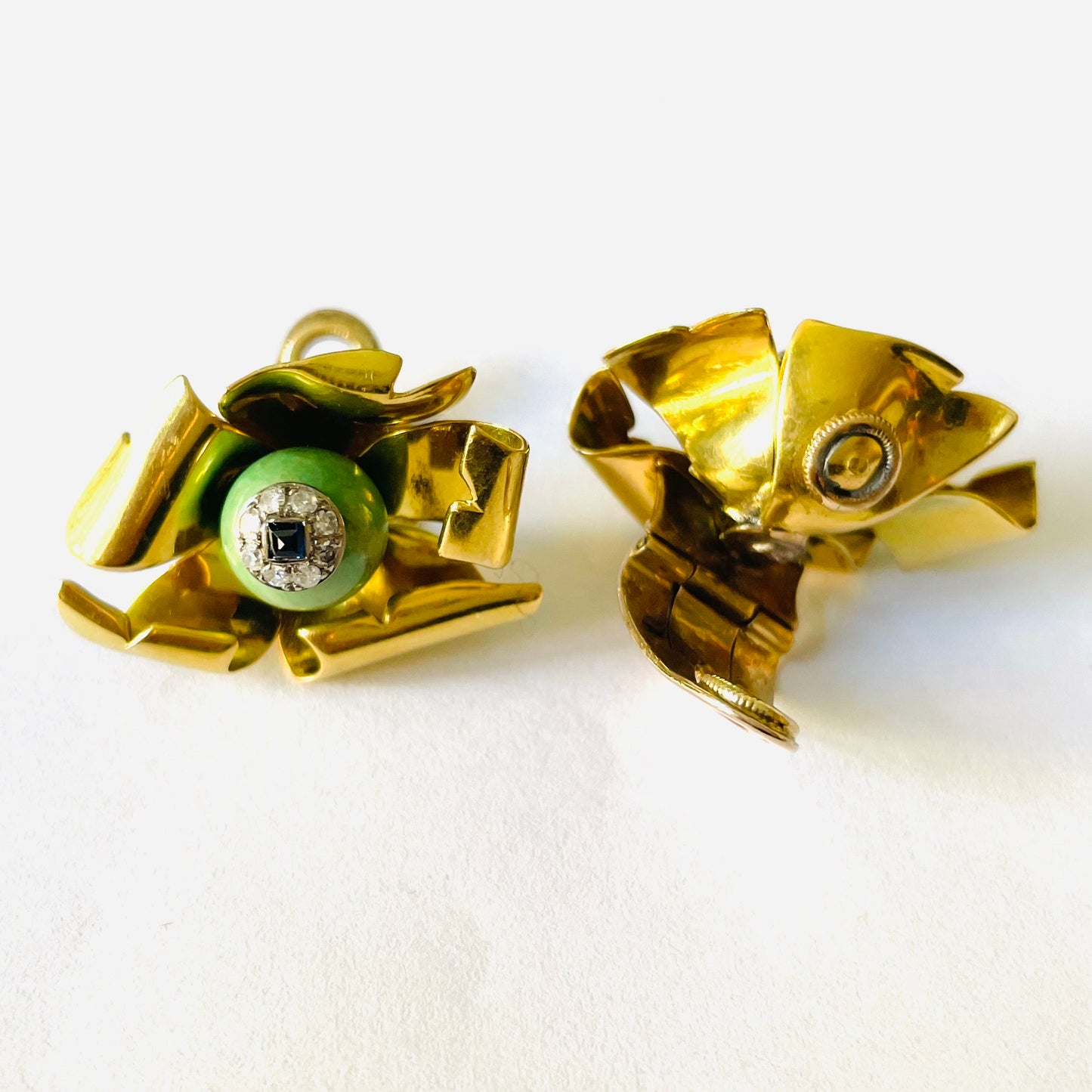 1950s 18KT Yellow Gold Aventurine, Diamond, Sapphire Set back and front earrings