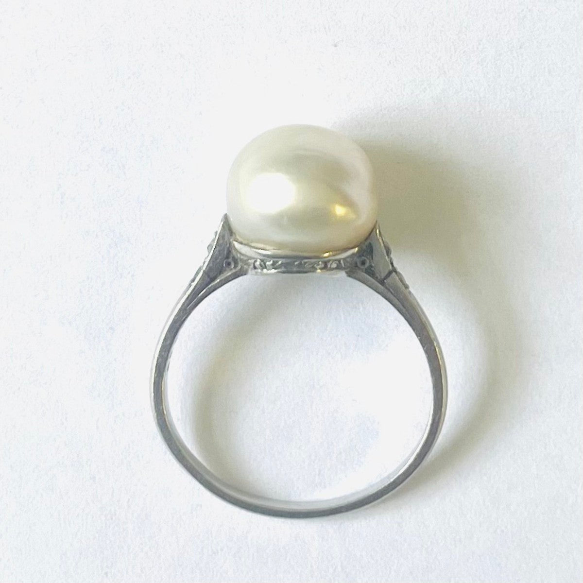 French Edwardian Platinum Natural Pearl & Diamond Ring profile