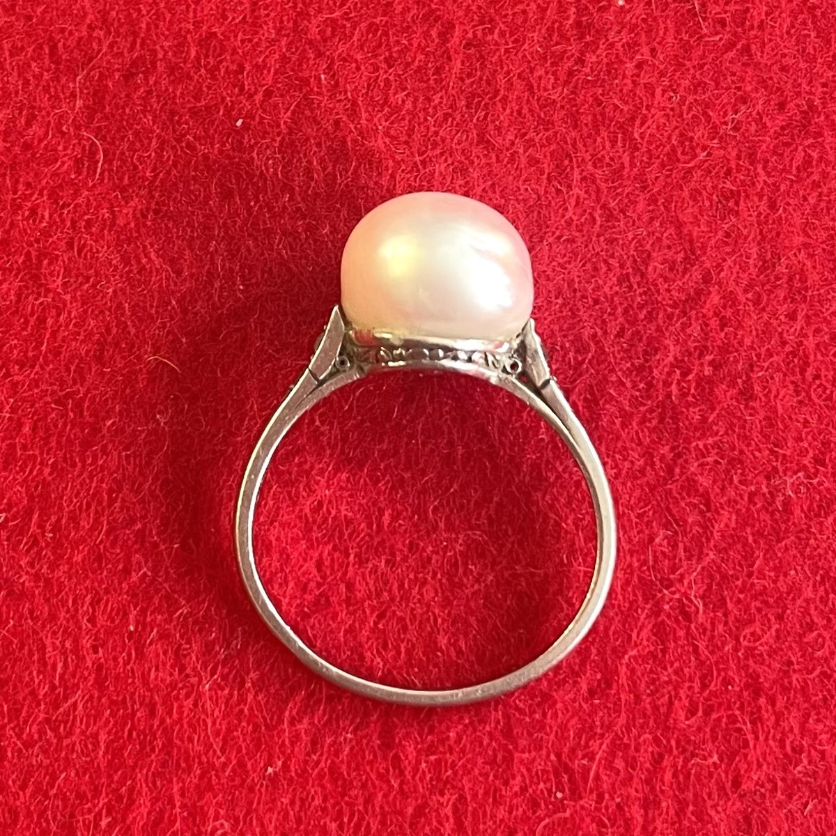 French Edwardian Platinum Natural Pearl & Diamond Ring profile