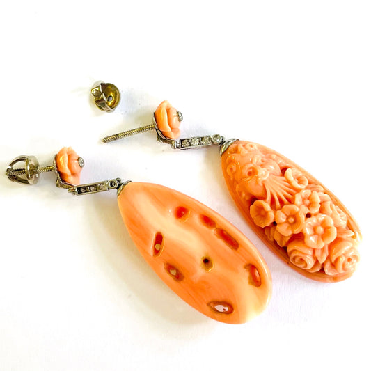 Art Deco Platinum & 18KT White Gold Carved Coral & Diamond Earrings back