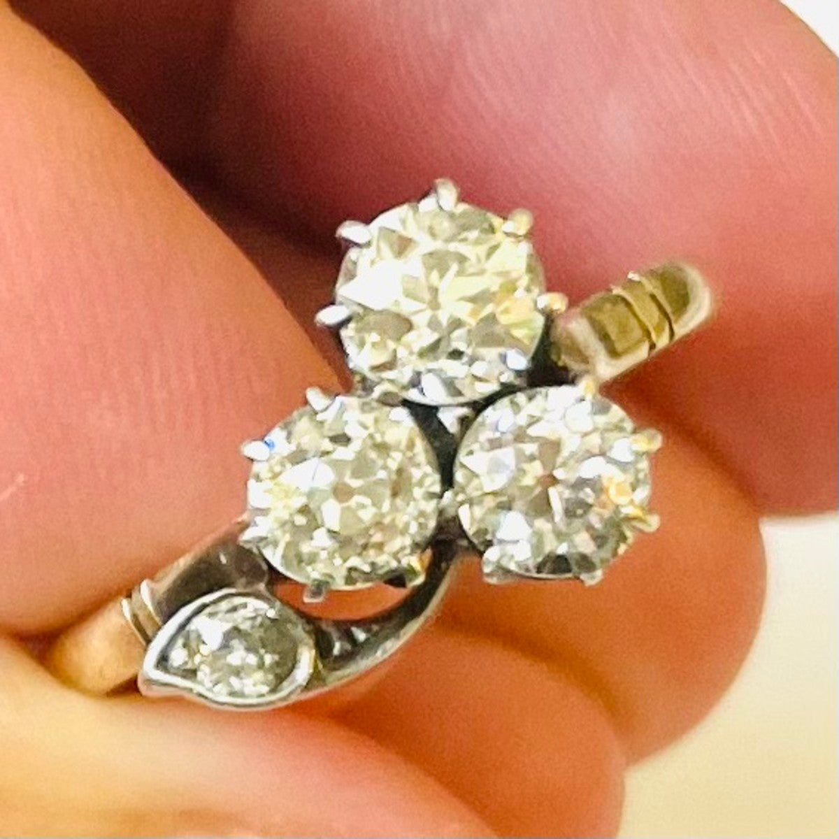 Victorian Silver & 18KT Yellow Gold Diamond Ring in hand