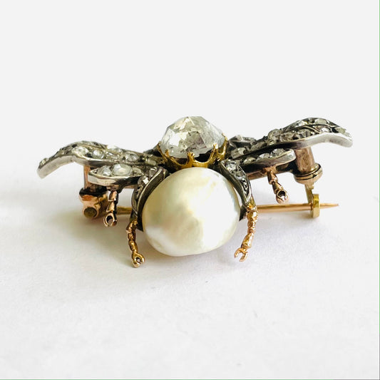 Antique Silver & 18KT Yellow Gold Diamond, Natural Pearl & Ruby Moth Brooch bottom