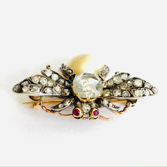 Antique Silver & 18KT Yellow Gold Diamond, Natural Pearl & Ruby Moth Brooch top