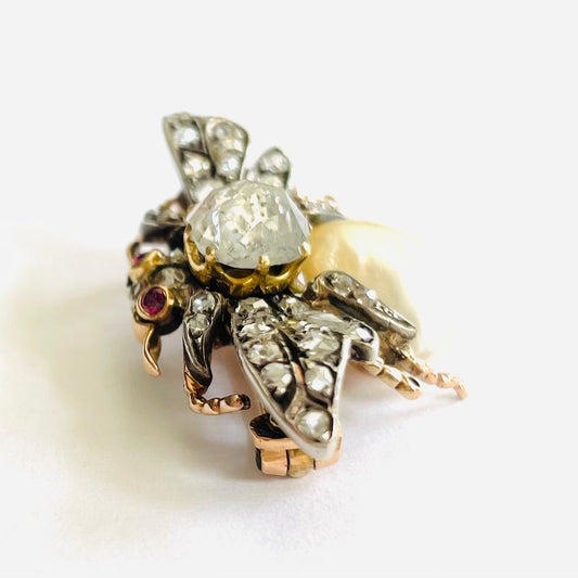 Antique Silver & 18KT Yellow Gold Diamond, Natural Pearl & Ruby Moth Brooch side