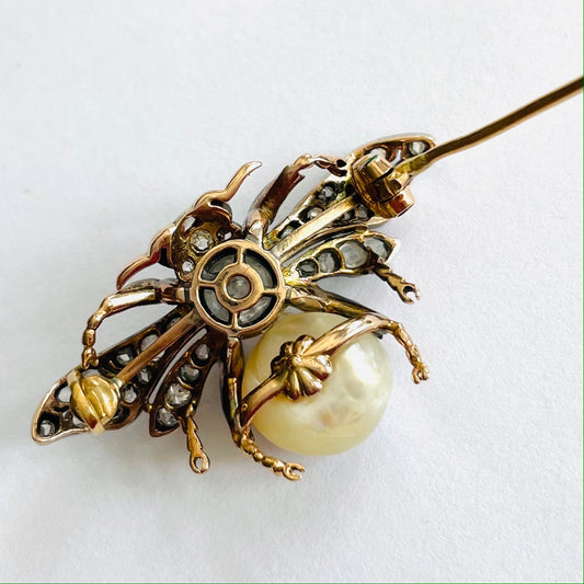 Antique Silver & 18KT Yellow Gold Diamond, Natural Pearl & Ruby Moth Brooch back