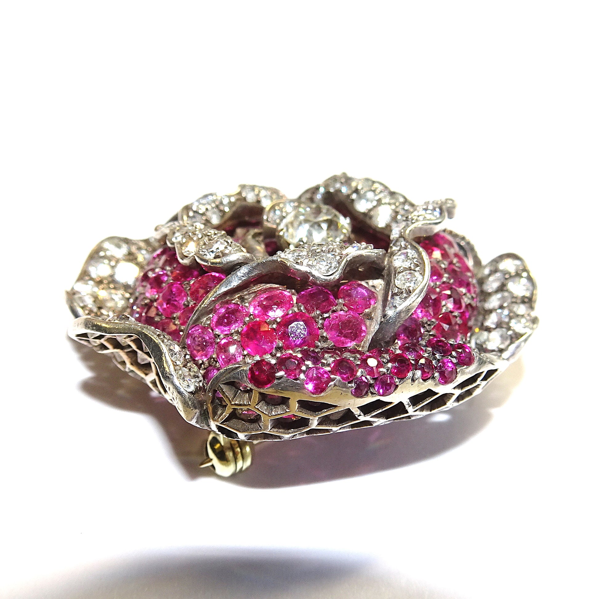 Victorian Silver & 18KT Yellow Gold Ruby & Diamond Flower Brooch side